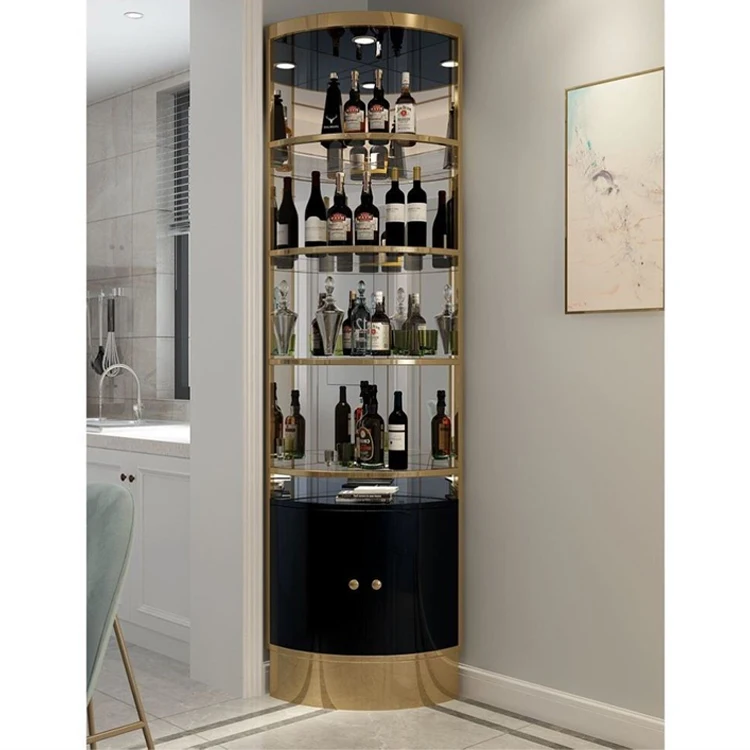 Modern Living Room Stainless Steel Metal Frame Wine Display Cabinet Luxury Double Door Glass Corner Bar Wine Storage Cabinet