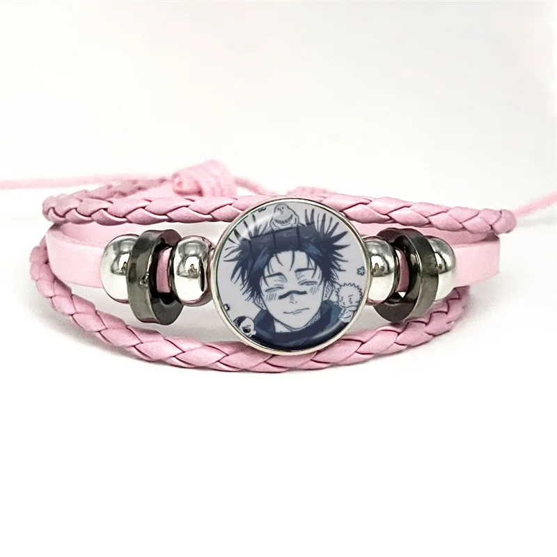 Hot Anime Jujutsu Kaisen Choso Suguru Geto Gojo Sukuna Pink Leather Bracelet Glass Cabochon Button Multilayer Bangles Wristband 4