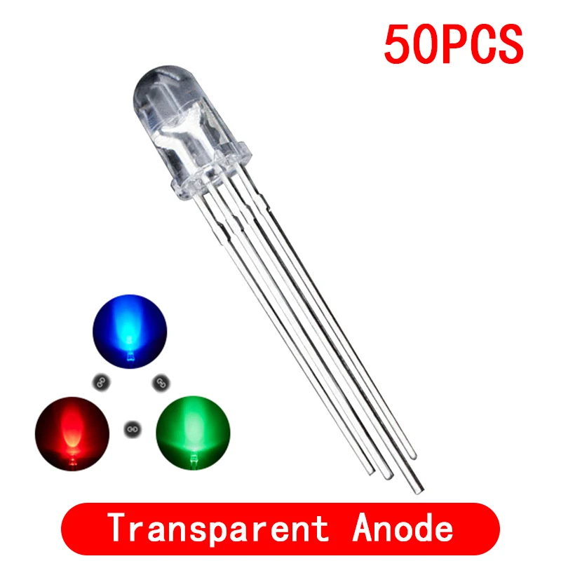 LED Diode 50PCS 5mm full-color LED RGB red/green/blue Common Cathode/Anode Four feet transparent highlight color light 5mm diode colorful led diode