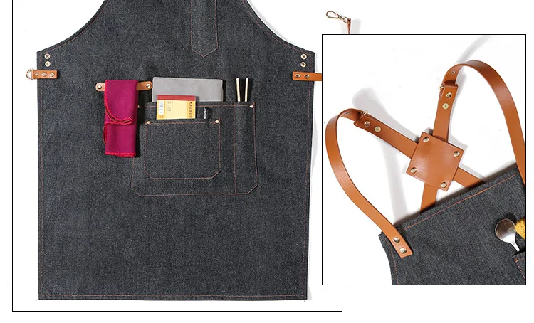 Mode bestickte Schürze Männer und Frauen Denim Canvas Ledergürtel Schönheitssalon Café Begleiter stilvolle Küche Arbeitskleidung – Detail 6