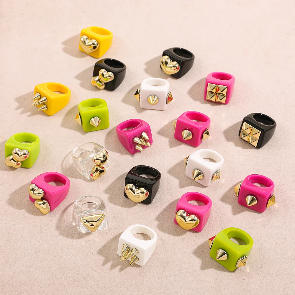 Gold Color Heart Geometric Square Ring Candy Color Resin Acrylic Big Rings For Women Girls gold color rings gold color ring finger ring
