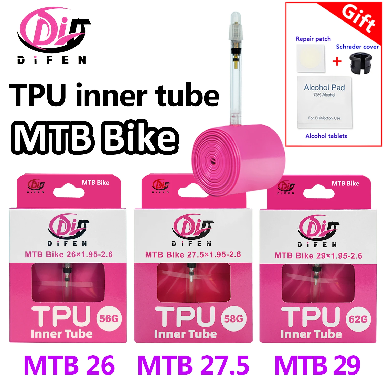 Difen TPU MTB 자전거 내부 튜브 카메라 29 26 27.5 29x1.95 2.0 2.1 2.2 2.3 2.4 2.5 2. 6인치 산악 자전거 타이어 pneu 29er