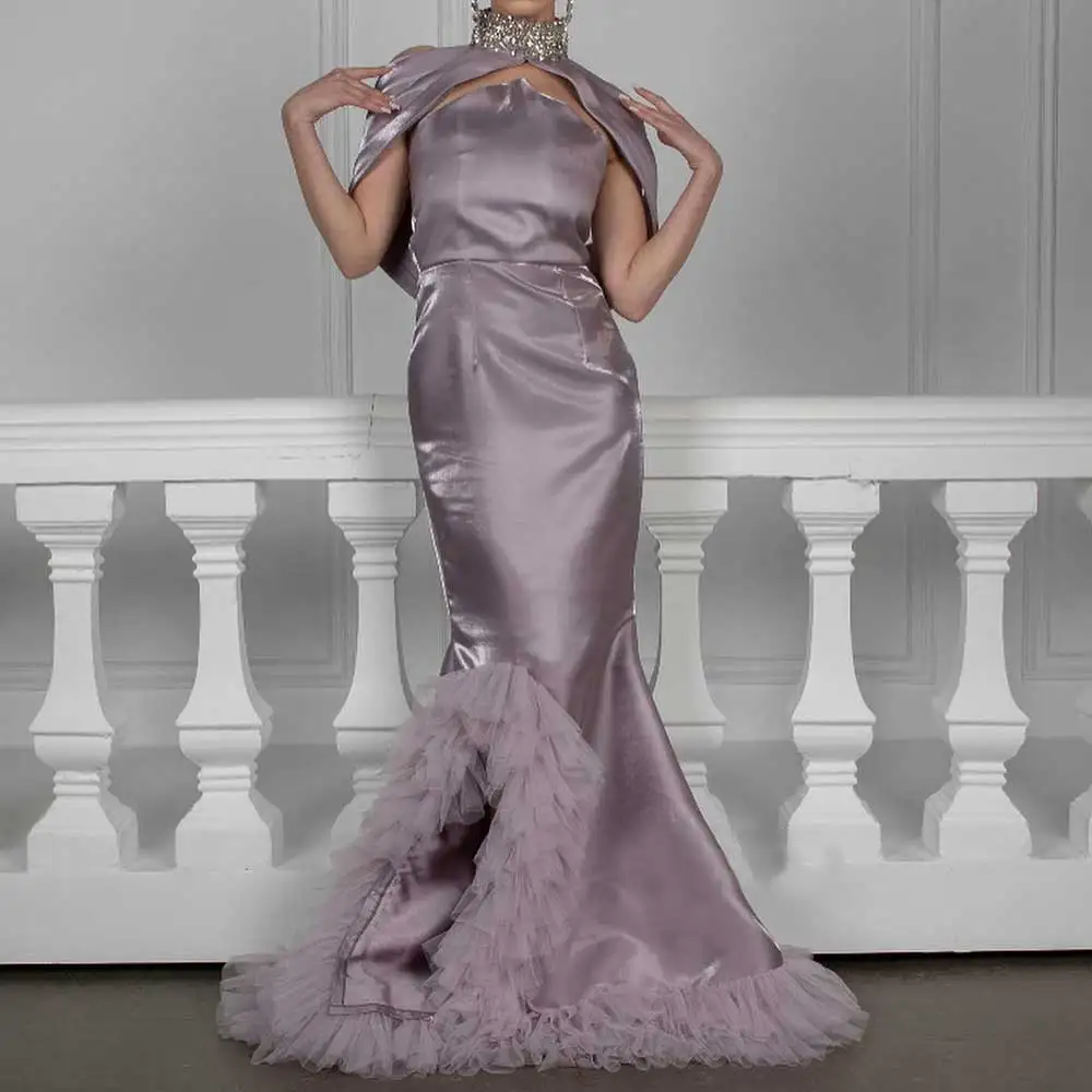 

Temperament Satin Mermaid Evening Dress Shawl Ruffled Strapless Sleeveless Backless Lace-up With Crystal Sweep Train Prom Gown