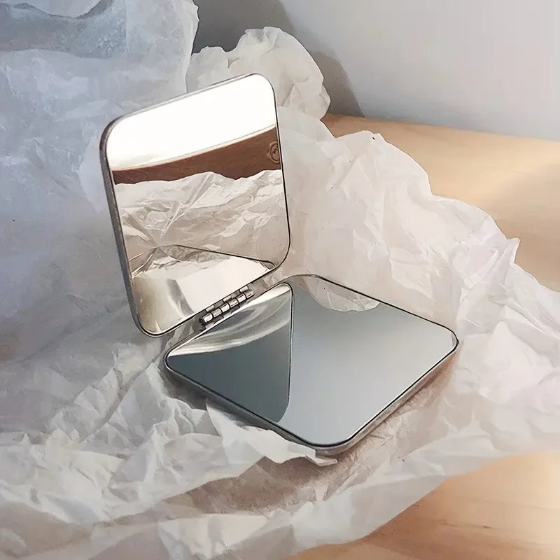 Makeup Mirror 1pc Stainless Steel Compact Makeup Mirror Small Travel Portable Cosmetic Touch-up Mirror Double Side Folding Beauty