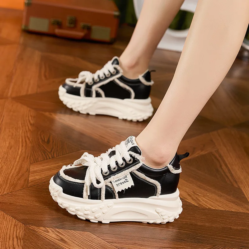 CICIYANG Chunky Sneakers Women 2024 Spring Flat Platform Sneakers Lace-up Casual Round Toe Sneakers Ladies Board Shoes Trainers