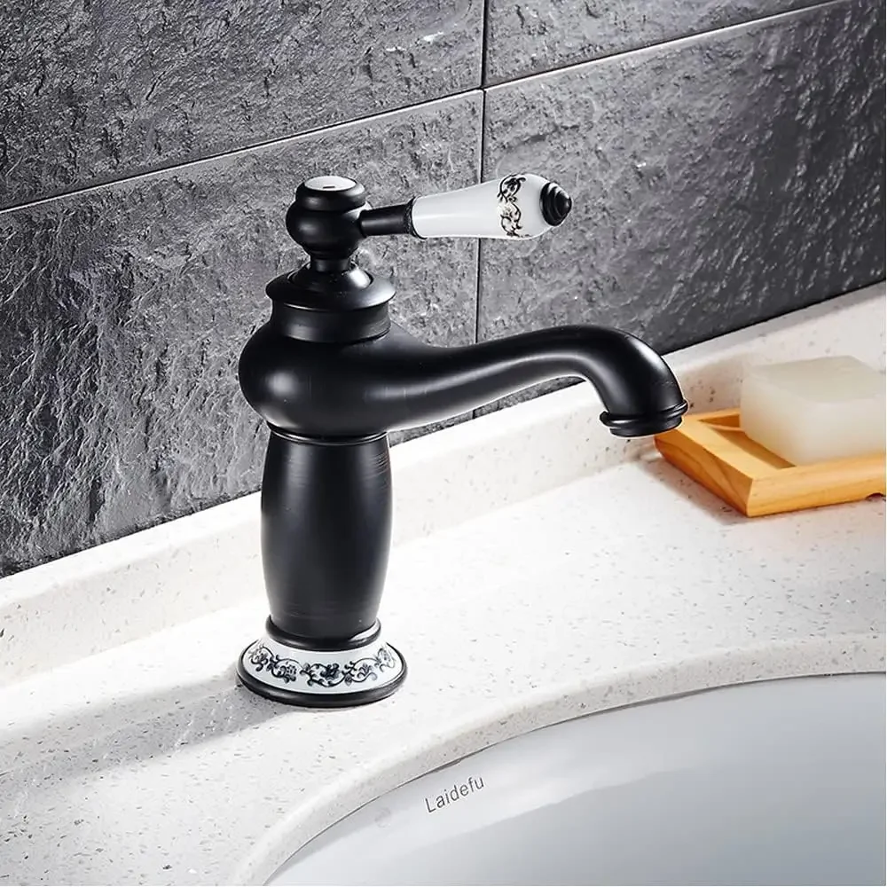 Country House Badezimmer-Waschtischarmatur im Vintage-Stil, Antik-Messing-Wasserhahn, Einhebelmischer, Auslauf, Höhe 13 cm, Wasserhahn, Schwarz – Detail 1