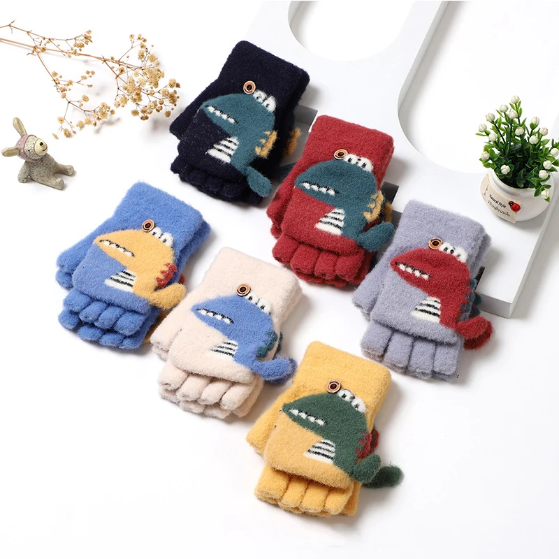 Cartoon Plush Winter Gloves Half Finger Mittens Thicken Chlidren Gloves Winter Warm Kids Fingerless Gloves Girl Boy Hand Warmer