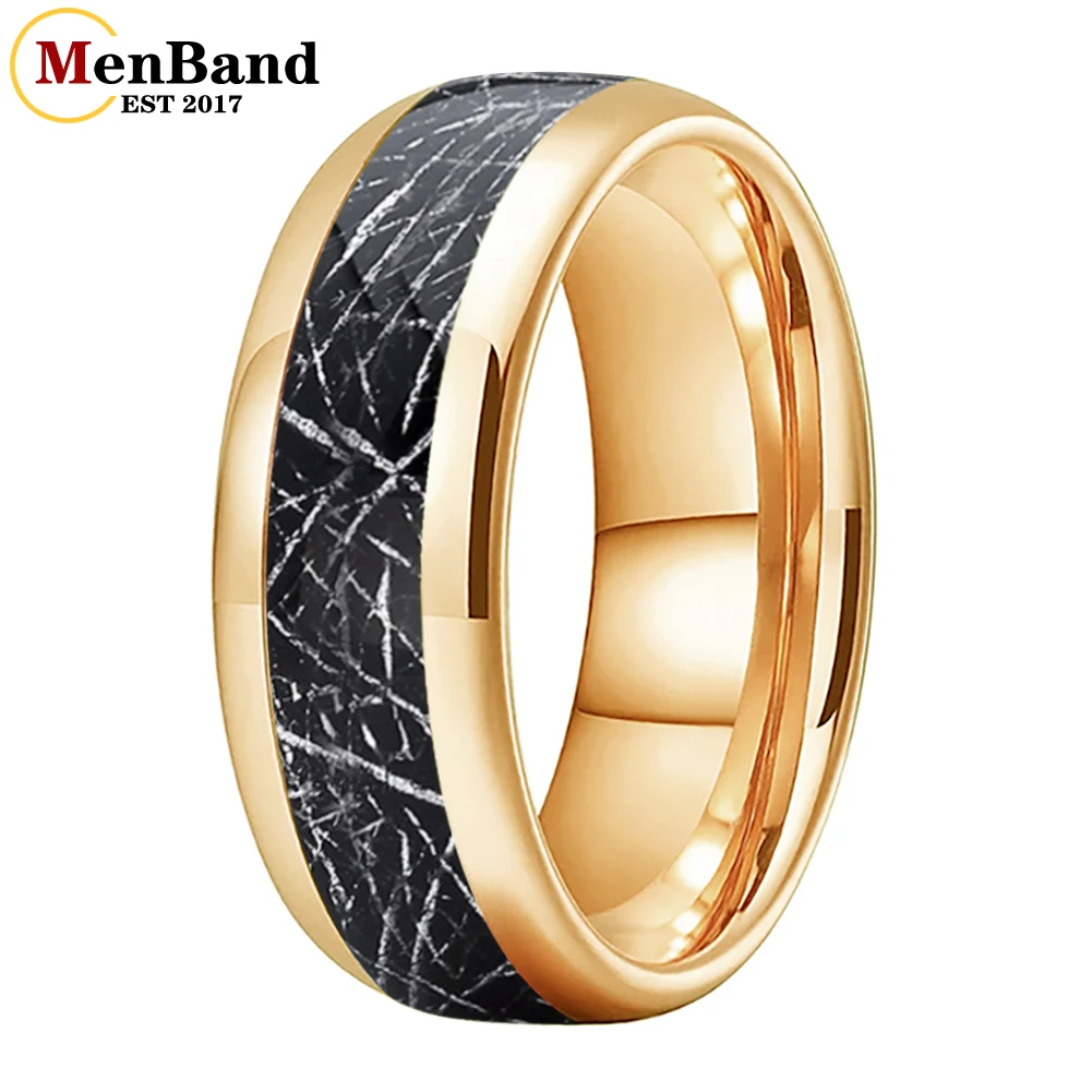 MenBand Fashion 6/8MM Men Women Tungsten Wedding Band Ring With Black Meteorite Inlay Dome Polished Comfort Fit
