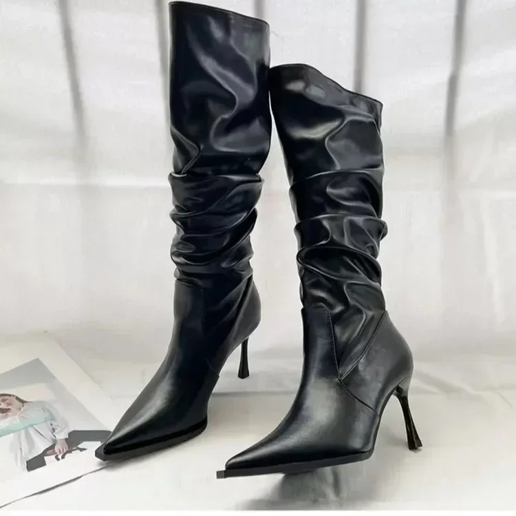 

Fashion Pointed Pleated High Barrel Boots Women Trendy Thin Heel Stacked Boots High Heel Knee High Long Barrel Boots 2024
