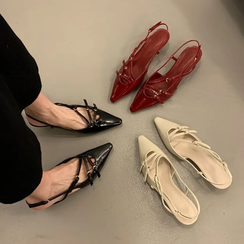 Summer Women's Dress Shoes Pointed Toe Sandals Buckle Slingbacks Mid Heels Pumps Patent Leather Slip on Zapatos Mujer