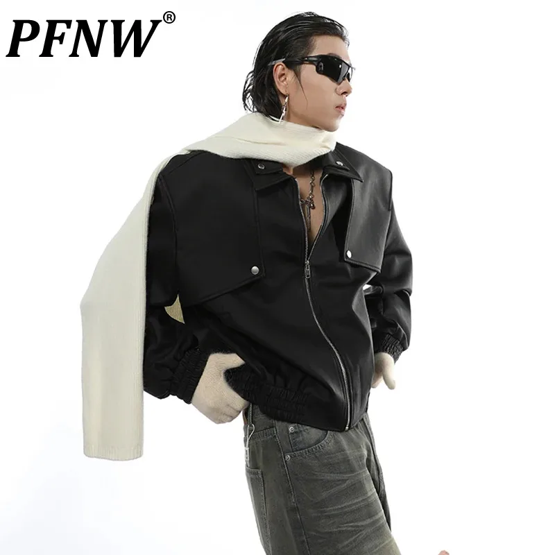 

PFNW American Style Street Chic Men's Fake 2 Pieces Patchwork Leather Jackets Lapel Male Coats Vintage 2024 Spring New 28W2738