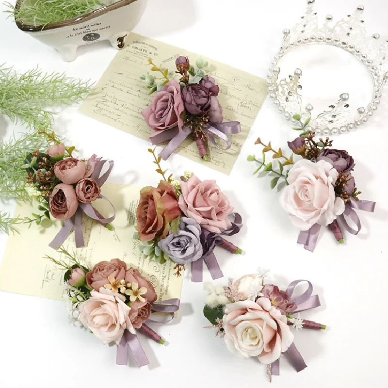 Boutonniere And Wrist Corsag Wedding Supplies Banquet Guests Simulated Flowers Groom Bride Pink Purple 393