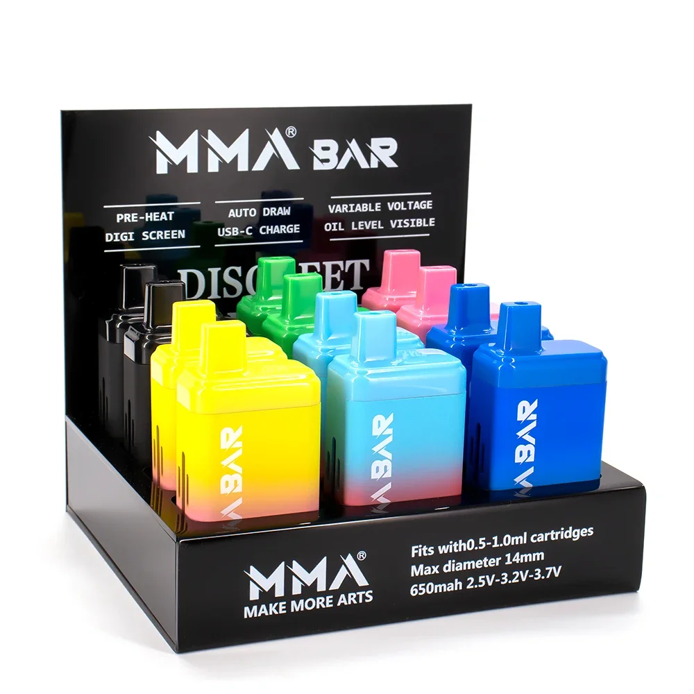 

1 Big Package 12pcs MMA BAR CBD Thick Oil Preheat Vape Battrty 650mah USB-C Charging Replaceable 0.5-1.0ml Cartridges Carts Pod