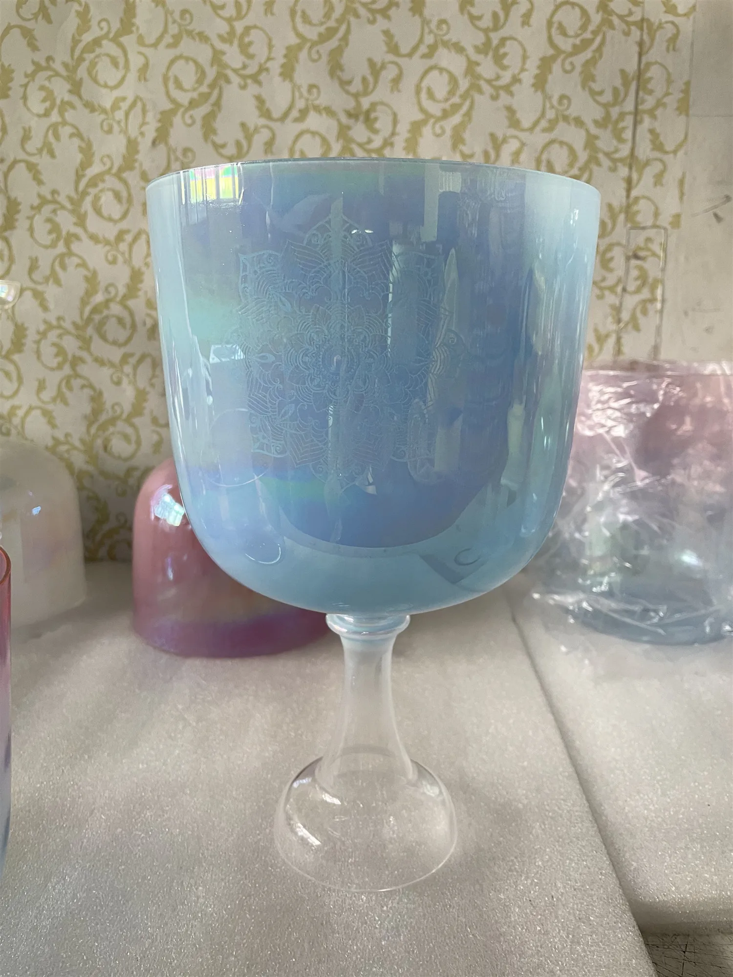 3rd octave A note third eye Crystal singing chalice milky blue cosmic color with OM MANDALA engraving 432Hz for sound healing.