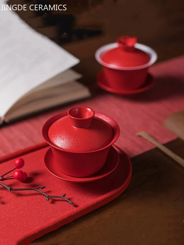 130ml Red Ceramic Gaiwan Chinese Wedding Tea Set Handmade Porcelain Teacup Home Beauty Tea Infuser Portable Cup with Lid