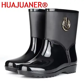여성을위한 고무 장화 방수 하이힐 패션 소녀 신발 숙녀 짧은 발목 PVC Rainboots 비 슬립 모피 가죽 부츠