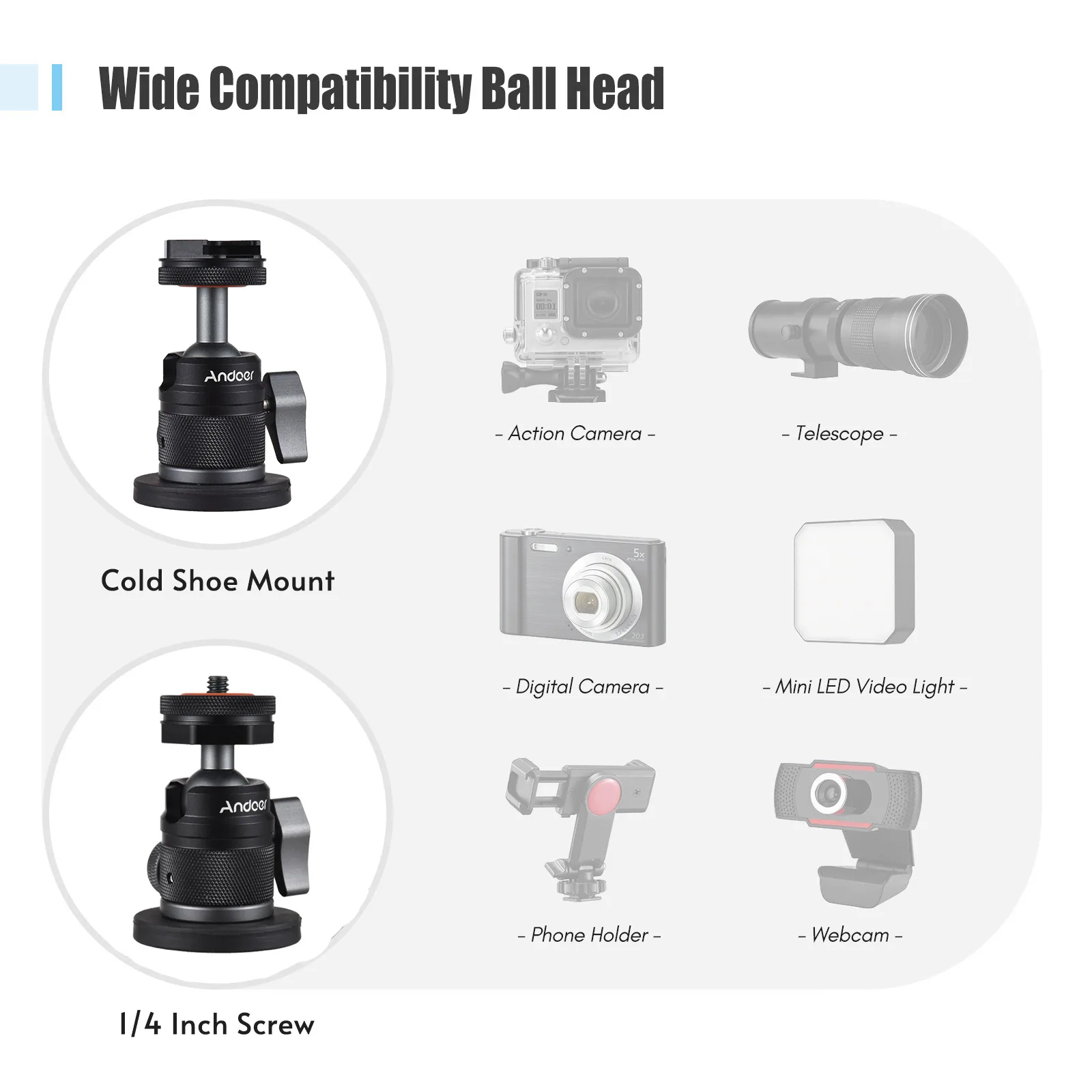 Tripod ball head ball head dual use adapter 1/4 inch screw 360&deg; rotatable with small magnetic base for sports cameras