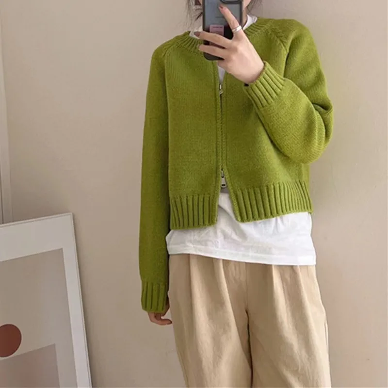 

Женский трикотажный кардиган на молнии, однотонный элегантный кардиган с круглым вырезом и длинным рукавом, Осень-зима