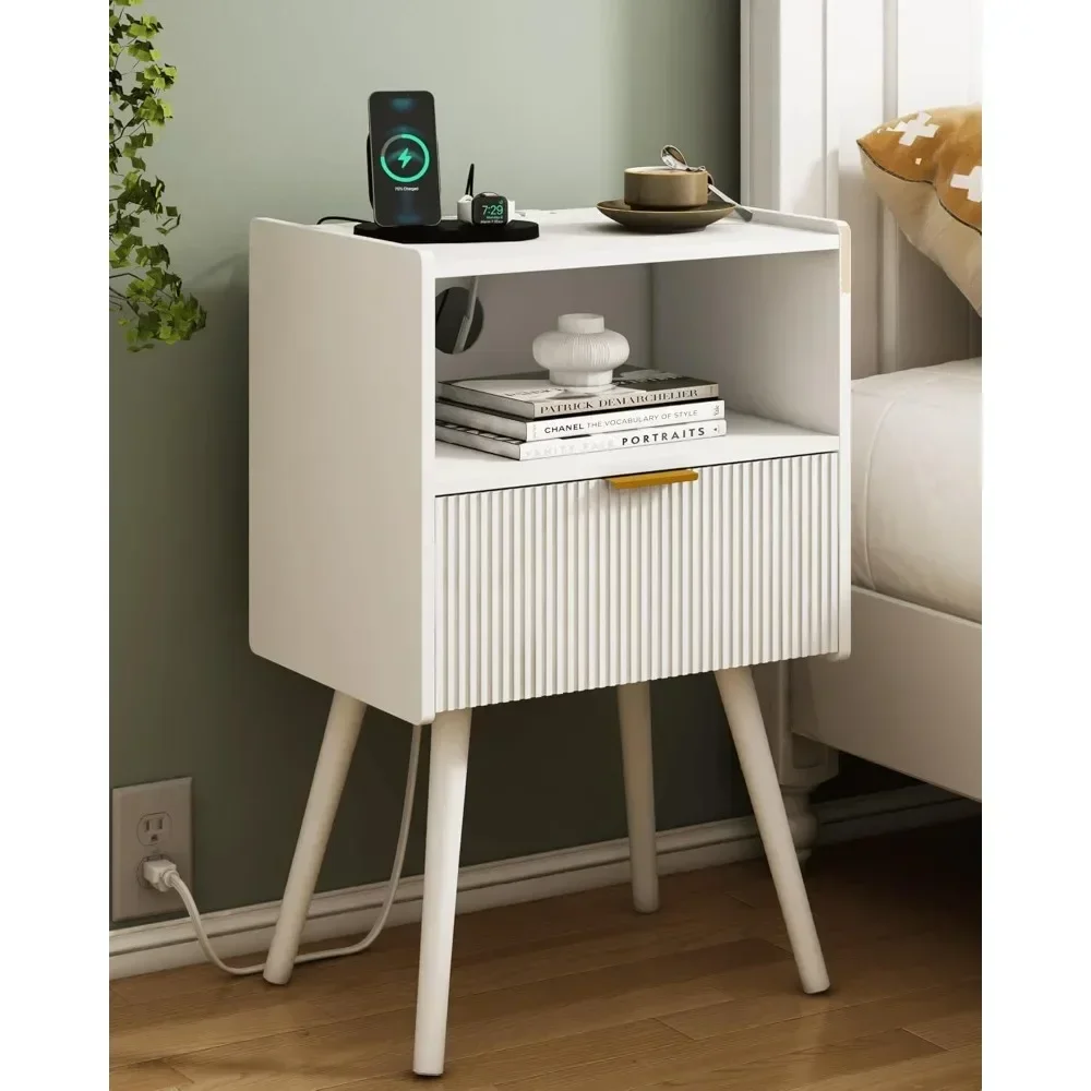 White Nightstand with Outlet,Modern Bedside Table with Storage Drawer and Open Wood Shelf, for Living Room, Bedroom and Small Sp
