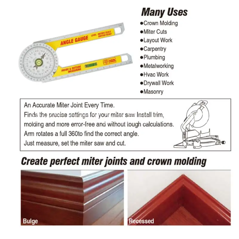 360 Degree Miter Saw Protractor High Accuracy Angle Finder Goniometer Measuring Ruler Tool R7UA