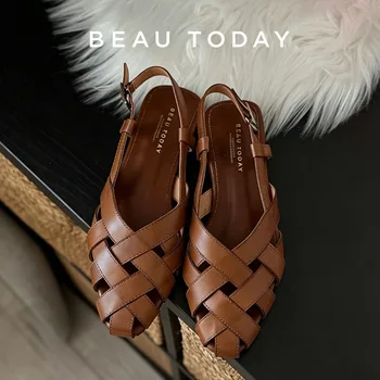 BEAUTODAY Gladiator Sandals Women Cow Leather Cross-tied Cover Pointed Toe Outdoor Flats Summer Ladies Shoes Handmade 33034