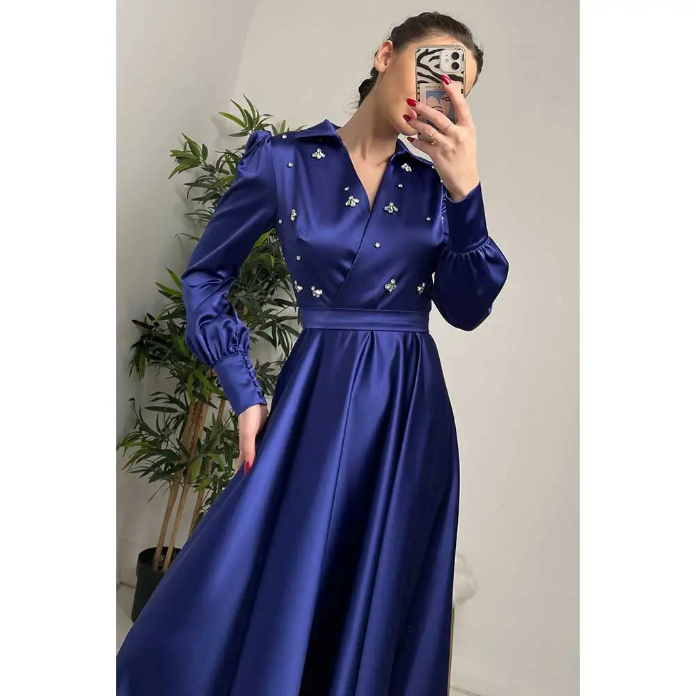 

ONLYCE Blue Satin V Neck Evening Gown 2023 Elegant Ladies Party A Line Gown Luxurious Beaded Wedding Prom Formal Guest Dress