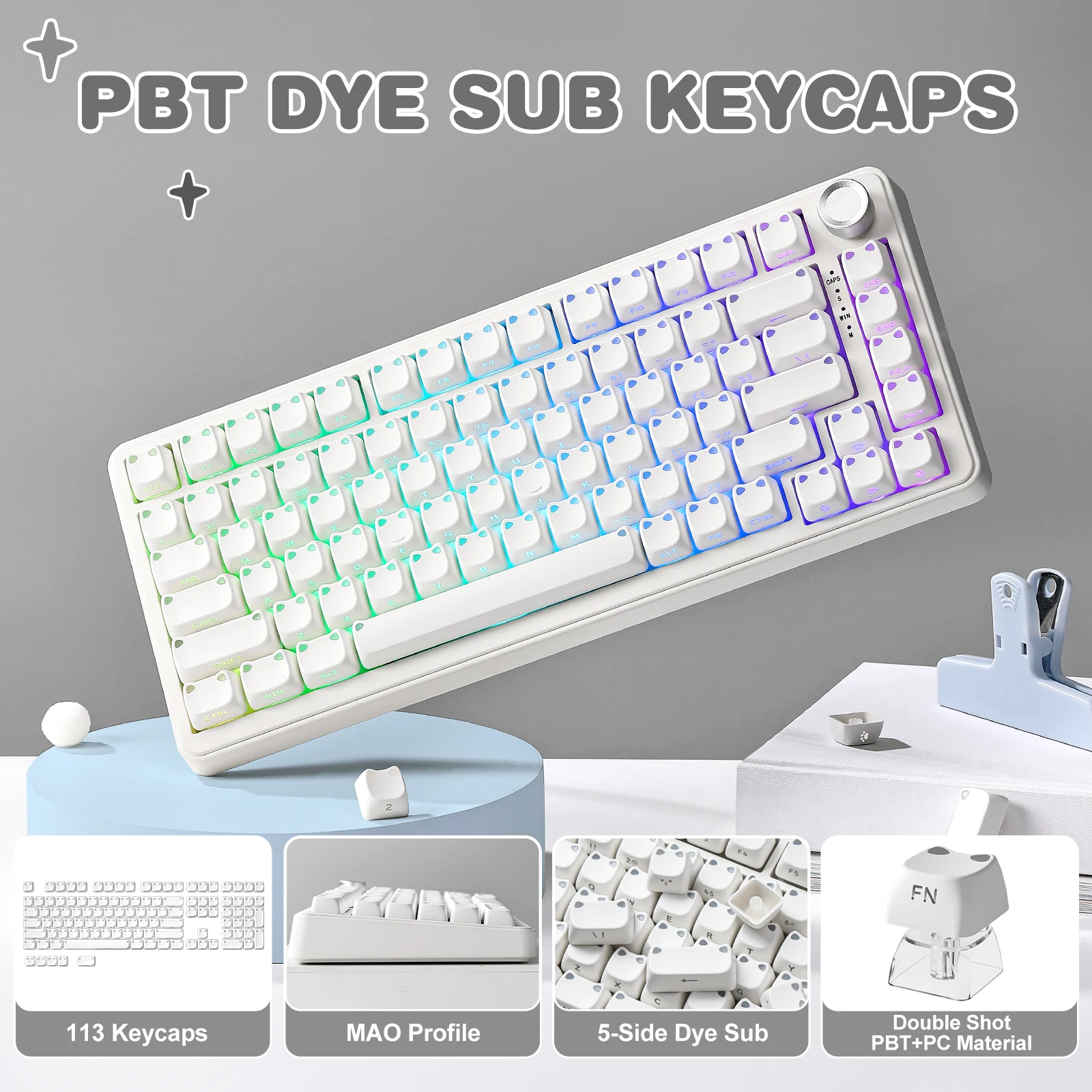 YUNZII Cat 키캡 세트, MAO 프로파일 사이드 프린트 PBT/PC 반투명 키캡, 체리 MX 스위치가 있는 기계식 키보드용 113키