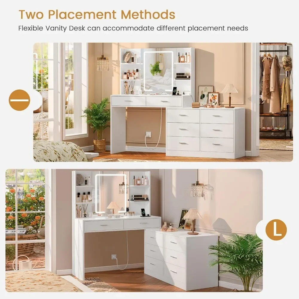 Items Makeup Dressing Table Box Container Drawer Nordic Organizer Dressing Table Mirrors With LED Lighted Mirror & Power Outlet Modern Corner Makeup Vanity Table Dressing Table for Bedroom Makeup Room