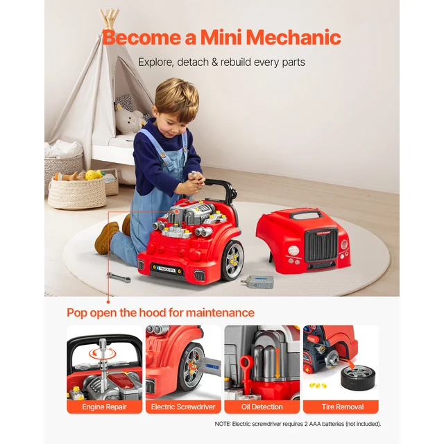 60 Pcs Kids Mechanic Car Repair Set with Removable Parts & Horn