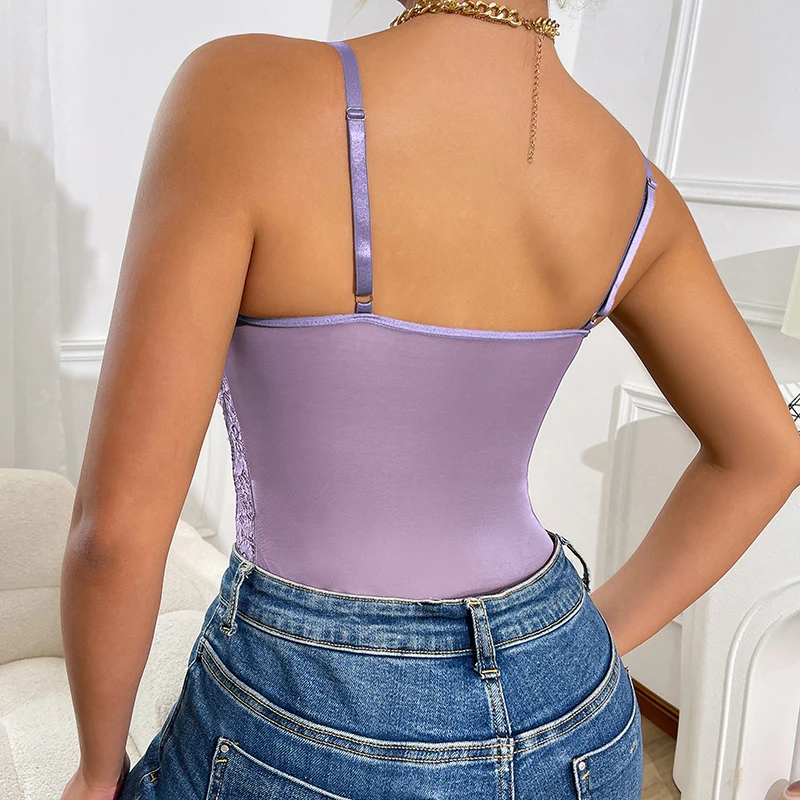 Sexy Patchwork-Body mit Spitzenbesatz, schmale Passform, durchsichtiger Riemen, Neuankömmling, Y2K-Oberteil für Damen – Detail 16