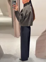 Vintage Stand Collar Women's Cropped Jacket Zipper Loose Full Sleeve Thick Warm Coat 2025 Autumn Winter Lady New in Outwear - Image 5