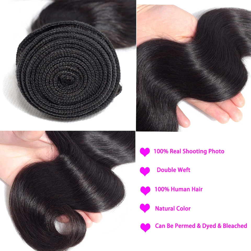 Yyong Body Wave Bundles Peruvian Hair Weave Bundles 4 PCS Human Hair Bundles 8-32In Remy Hair Extensions Natural Color For Women