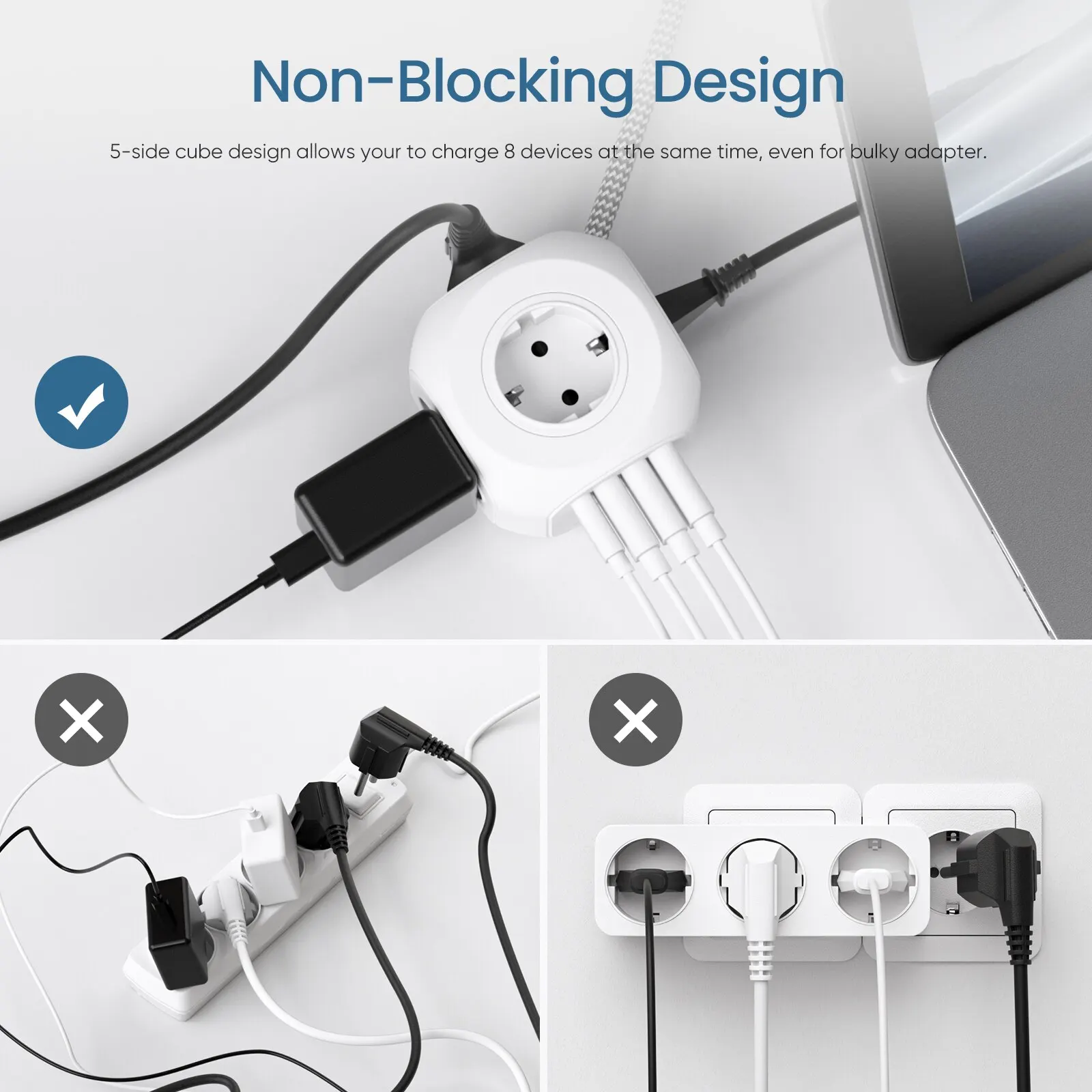 Power Strip LENCENT EU Plug with 4 AC Outlets 3 USB Port 1 Type C 2M/3M Braided Cable Multi Socket with Switch for Home