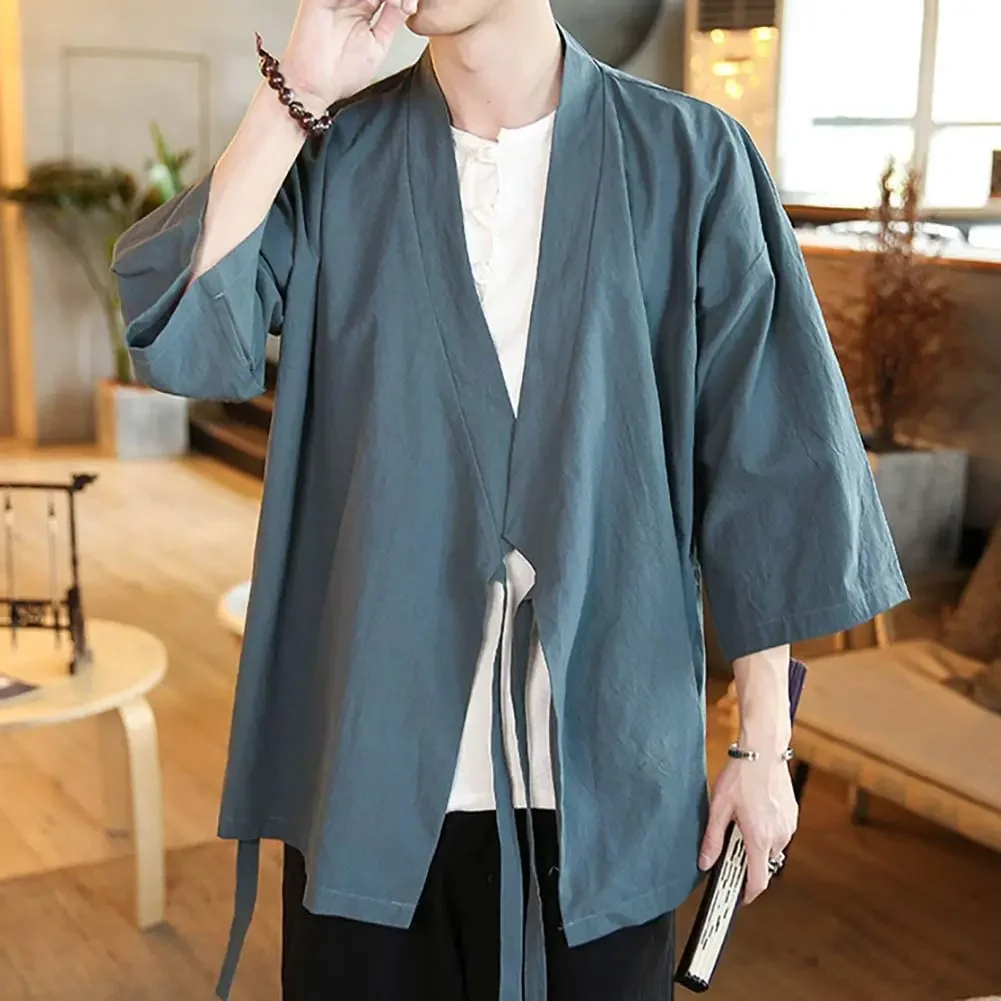 Men's Chinese Style Linen Cardigan Jacket Loose Kimono Jacket Solid Color Self-tie Hanfu Traditional Clothing 5XL