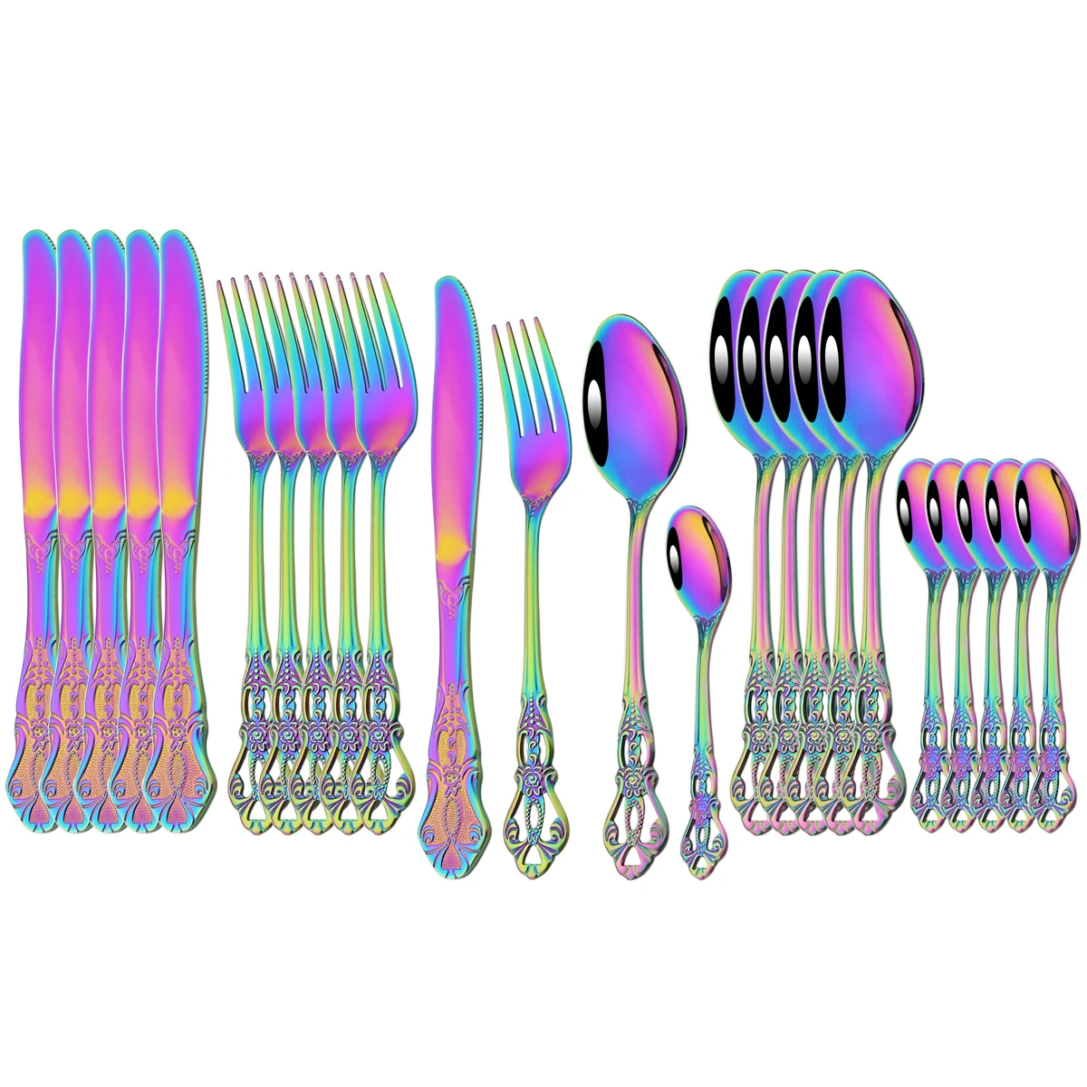 

24Pcs Rainbow Dinnerware Set Knives Fork Coffee Spoon Cutlery Set Stainless Steel Flatware Western Kitchen Tableware Accessories