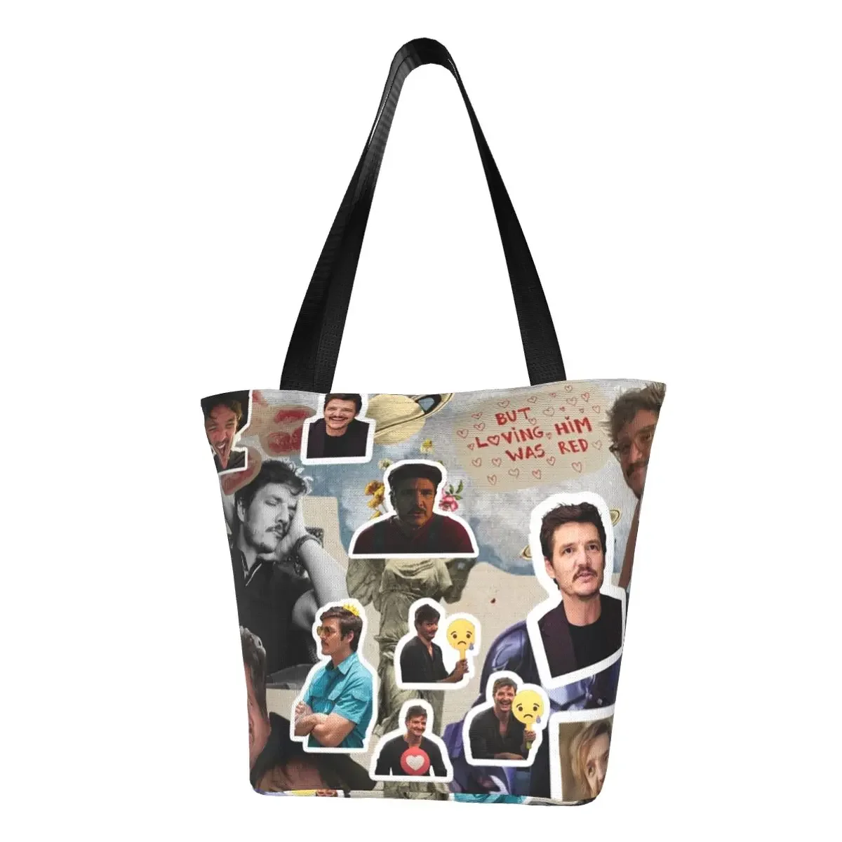 

Funny Pedro Pascal Photo Collage Shopping Tote Bags Recycling Canvas Grocery Shopper Shoulder Bag