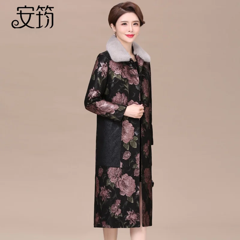 Haining- 가죽 다운 자켓 여성용, 새로운 밍크 모피 칼라 모피 어머니 양 가죽 코트 겉옷 중간 길이 2022 겨울
