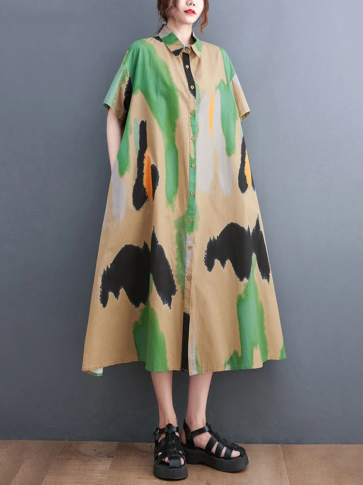 Pattern Print Vintage Shirt Dresses For Women Short Sleeve Loose Casual