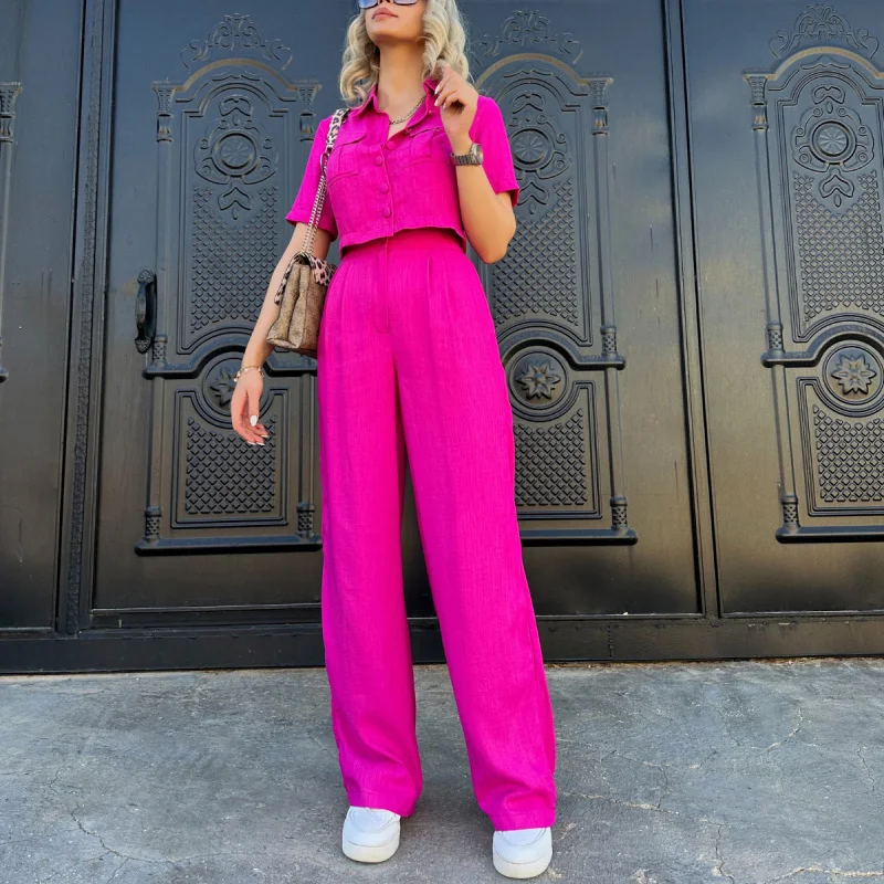 Fashion Solid Women 2 Pieces Sets Suits Spring 2024 Chic Office Lady Short Sleeve Shirt High Waist Wide Leg Pants Female