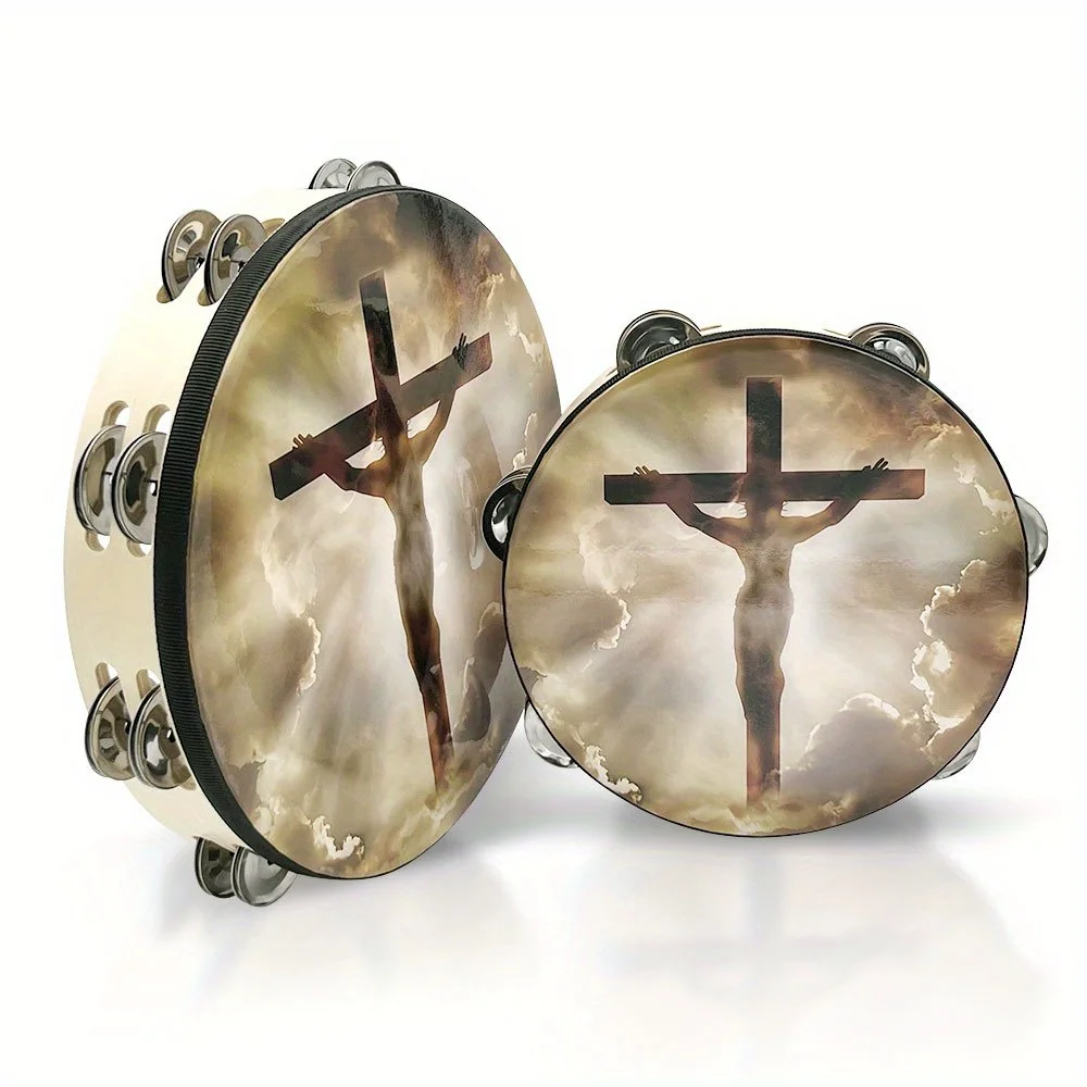 Crucifixion Tambourine Double Row Jingle Hand bell Clap Drum Party Musical Instrument 8/10-inch