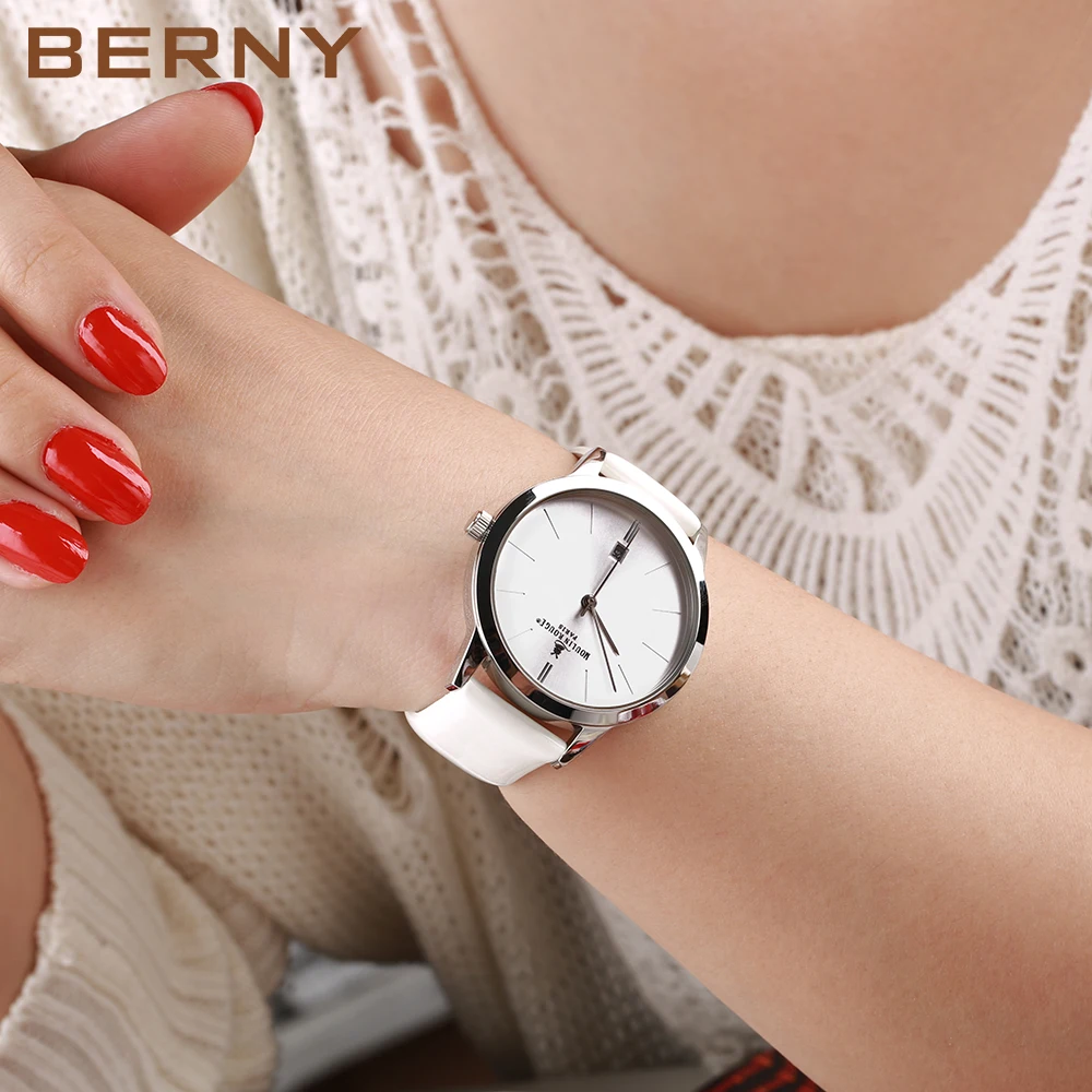 BERNY Women's Watch Japan Quartz Movement Ladies Calendar Window Leather Strap Wristwatch Clock for Woman Casual Waterproof