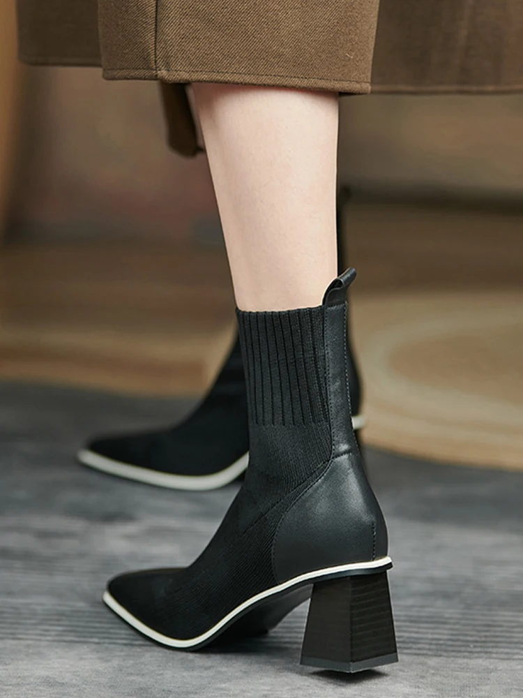 Women Chelsea High Heels Boots Winter Knitting Ankle Sock Boots Thick Pumps 2022 New Designer Ladies Shoes Casual Snow Botas New