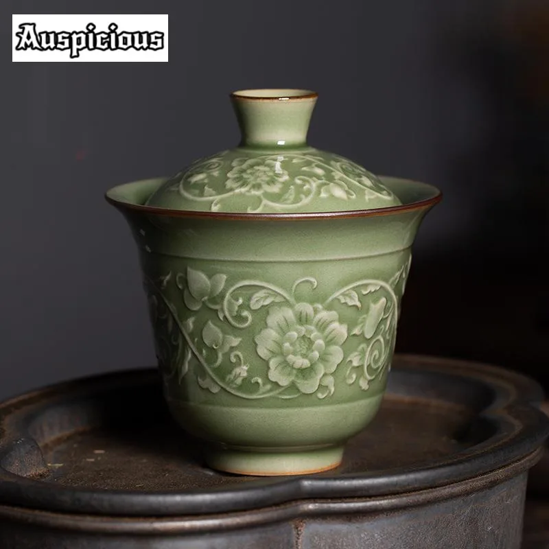140ml Antique Relief Twine Pattern Gaiwan Chinese Longquan Celadon Tea Tureen Retro Tea Brewing Cover Bowl for Collection