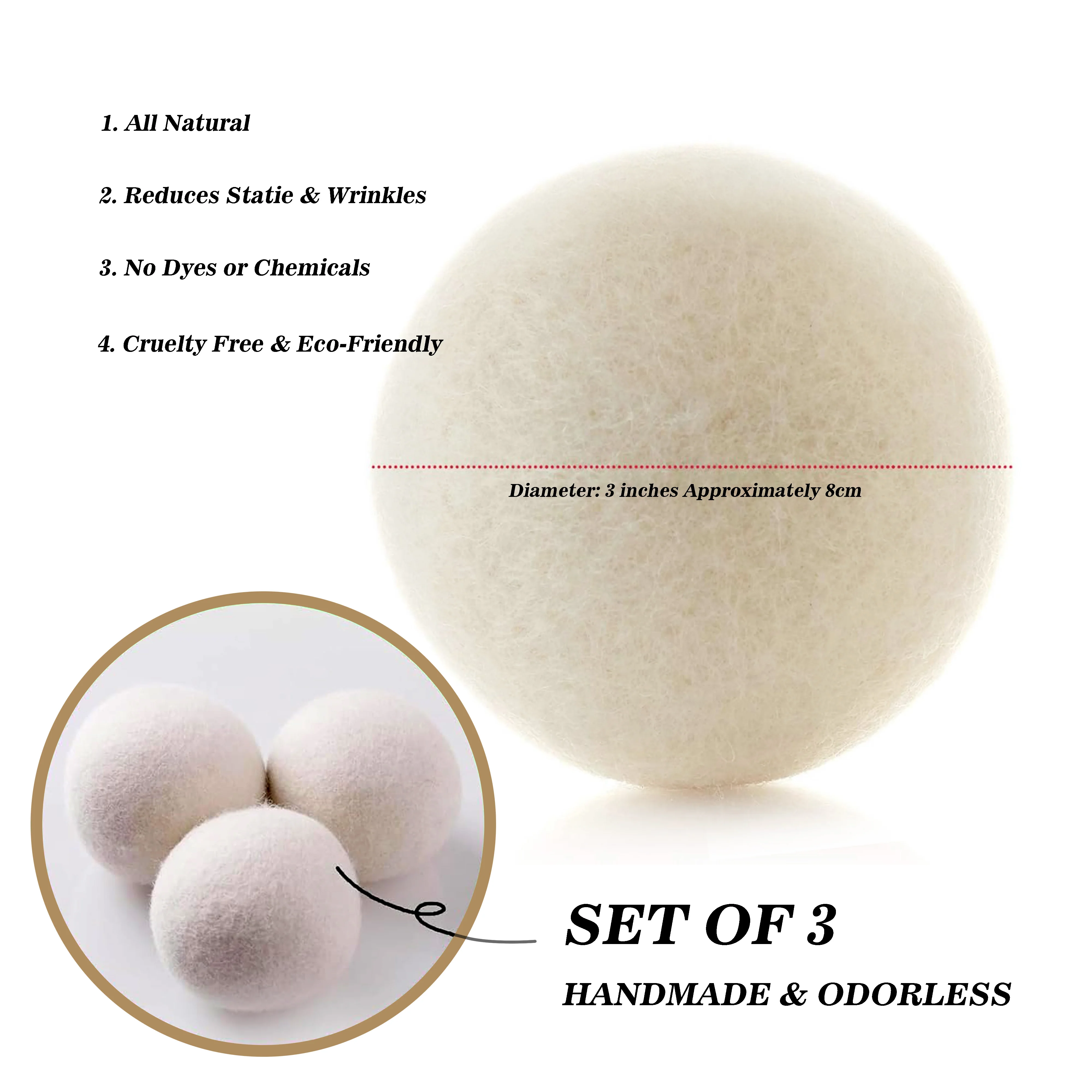 Honey Bee Wool Dryer Balls, (7 cm/2.7 in) Dryer Balls, Reusable Premium Natural Fabric Softener