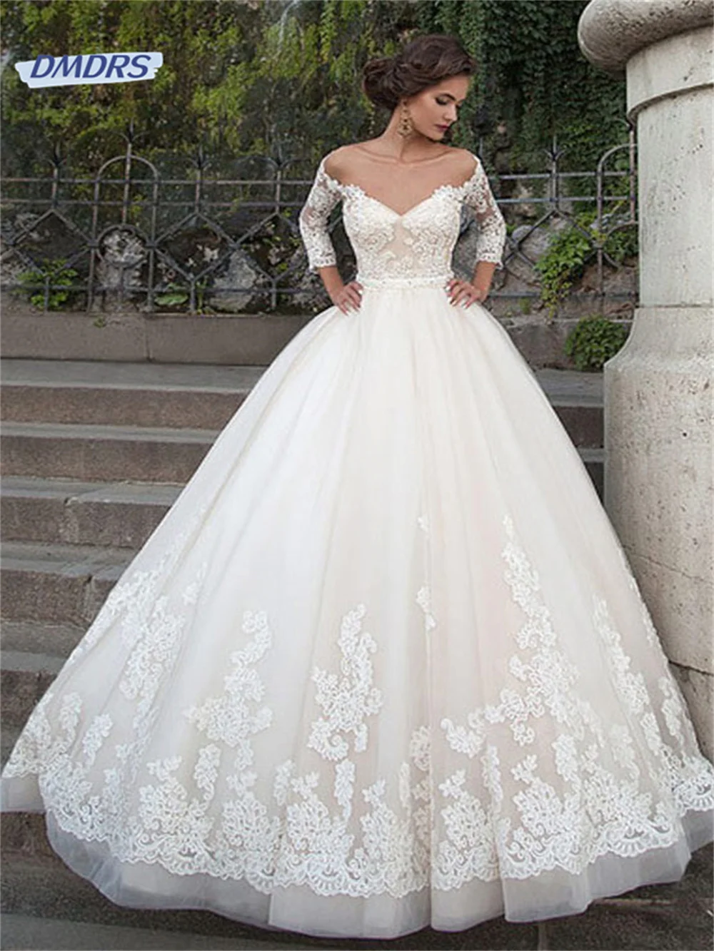 

Luxury Pricess Quarter Sleeve Dress For Bride Romantic Appliques Floor-length Wedding Gown Elegant Vestidos De Novia