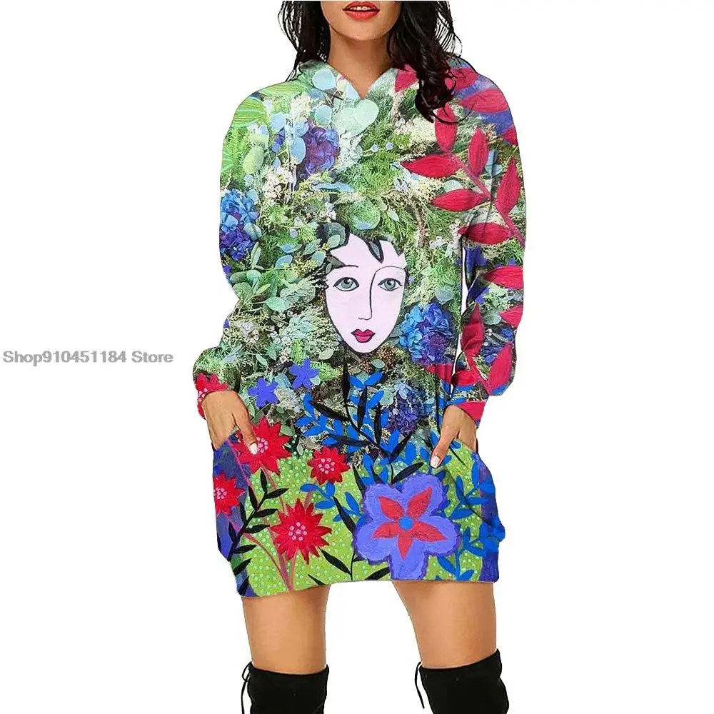 Women Oil Painting Print Loose Pocket  Hooded Dress Winter Loose Tees Winter Fall Hooded Vacation Clothing  Hooded Dress