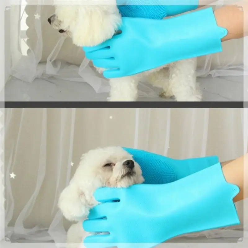 Dishwashing Gloves Pet Bath Massage Hair Removal Gloves Sky Blue & Pink Silica Gel For Washing Dishes,Reusable