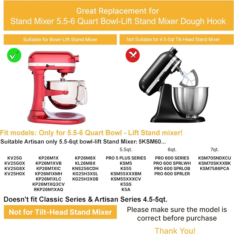 Coated Dough Hook Attachment for KitchenAid Stand Mixer Bowl, Spiral Coated Metal Dough Hook for KV25 Series