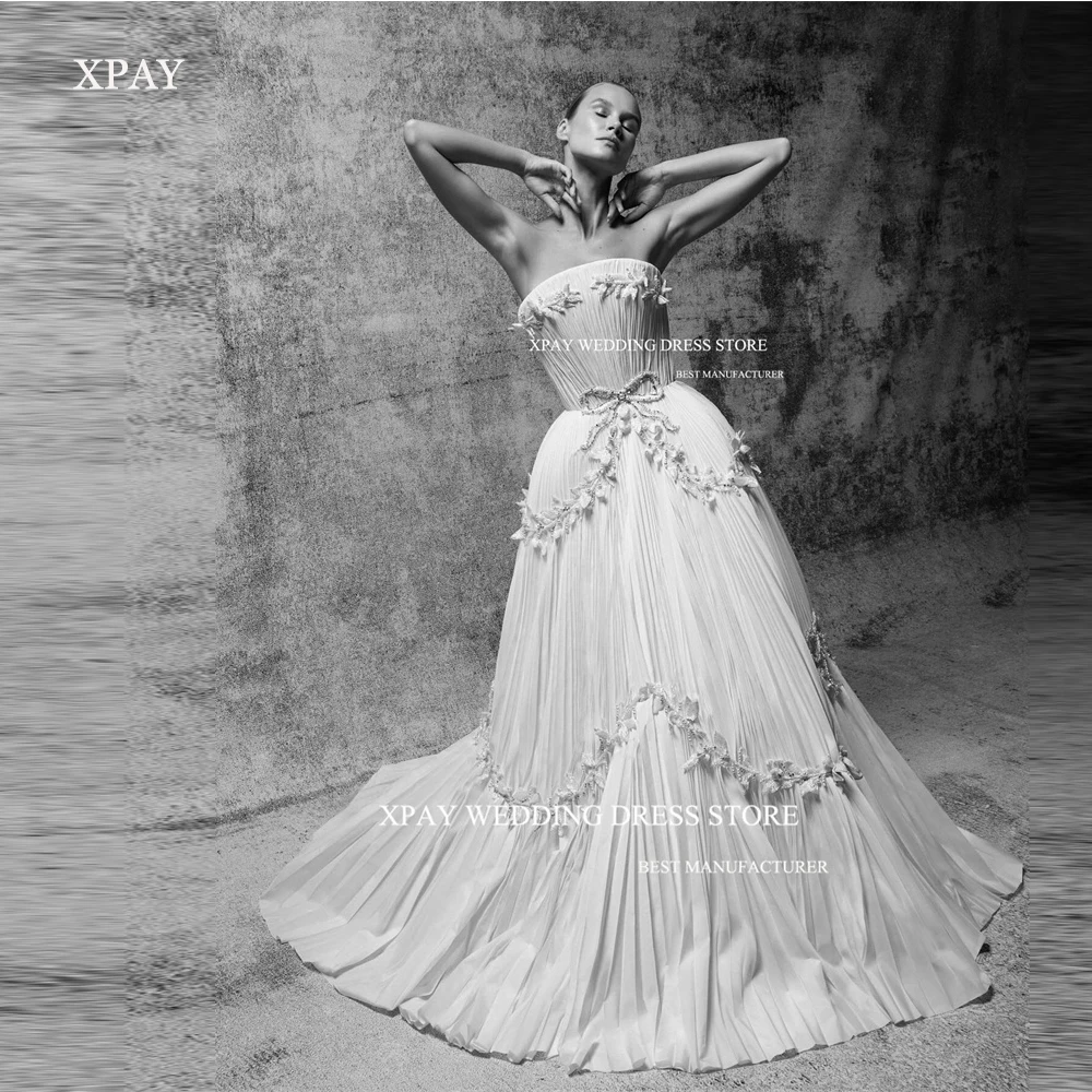 

XPAY Modern A Line Pleats Wedding Dresses Strapless 3D Flowers Tiered 3D Flowers Boknot Bridal Gowns Robe de mariage 2024