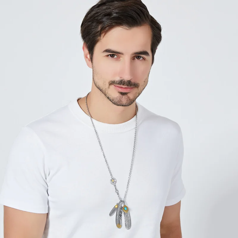 Luxury GORO'S Feather Necklace Men Stainless Steel Chain Takahashi Turquoise Hiphop Eagle Claw Pendants Jewelry 2
